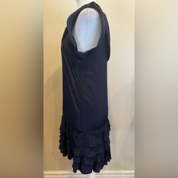 Eryn Brinie Sz S fully lined sleeveless tiered ruffle navy  dress with side zip - Picture 2 of 8